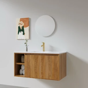 ארון אמבטיה תלוי רוחב 60, 80, 100 ס"מ בעומק 46 ס"מ לבחירתך עשוי מעץ מלא אלון מבוקע עם כיור משטח חרס שקוע דגם פאס