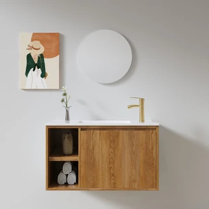 ארון אמבטיה תלוי רוחב 55 ס"מ בעומק 33 ס"מ עשוי מעץ מלא אלון מבוקע עם כיור משטח חרס שקוע דגם סאפי