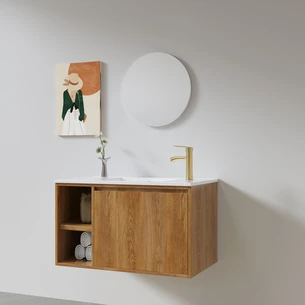 ארון אמבטיה תלוי רוחב 55 ס"מ בעומק 33 ס"מ עשוי מעץ מלא אלון מבוקע עם כיור משטח חרס שקוע דגם סאפי