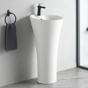 כיור רחצה חרס עומד מעוגל רצפתי קוטר מלמעלה 42 ס"מ וקוטר מלמטה 16 ס"מ גובה 95 ס"מ לבן מבריק עם חור לברז דגם אולן