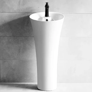 כיור רחצה חרס עומד מעוגל רצפתי קוטר מלמעלה 42 ס"מ וקוטר מלמטה 16 ס"מ גובה 95 ס"מ לבן מבריק עם חור לברז דגם אולן