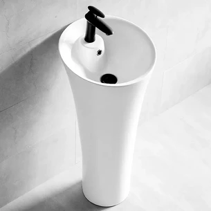 כיור רחצה חרס עומד מעוגל רצפתי קוטר מלמעלה 42 ס"מ וקוטר מלמטה 16 ס"מ גובה 95 ס"מ לבן מבריק עם חור לברז דגם אולן