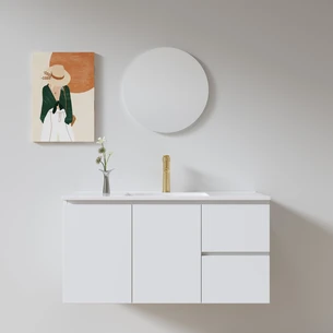 ארון אמבטיה תלוי רוחב 80, 100 ס"מ בעומק 46 ס"מ צבע לבן מט לבחירתך עם כיור משטח חרס שקוע דגם רדאמיס