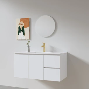 ארון אמבטיה תלוי רוחב 80, 100 ס"מ בעומק 46 ס"מ צבע לבן מט לבחירתך עם כיור משטח חרס שקוע דגם רדאמיס