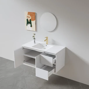 ארון אמבטיה תלוי רוחב 80, 100 ס"מ בעומק 46 ס"מ צבע לבן מט לבחירתך עם כיור משטח חרס שקוע דגם רדאמיס