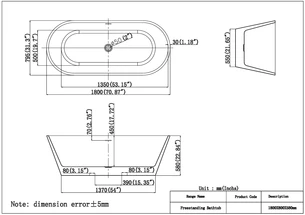 אמבטיה מונחת אובלית עשויה מחומר אקרילי מוחזקת בפייברגלס אורך 180 ס"מ צבע לבן מבריק דגם Aires 180