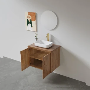 ארון אמבטיה תלוי רוחב 60, 80, 100 ס"מ בעומק 46 ס"מ לבחירתך עשוי מעץ מלא אלון מבוקע עם משטח עץ מלא להנחת כיור מונח דגם קיתירה