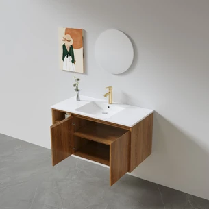 ארון אמבטיה תלוי רוחב 60, 80, 100 ס"מ בעומק 46 ס"מ לבחירתך עשוי מעץ מלא אלון מבוקע עם כיור משטח חרס שקוע דגם פאס