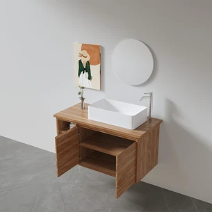 ארון אמבטיה תלוי רוחב 60, 80, 100 ס"מ בעומק 46 ס"מ לבחירתך עשוי מעץ מלא אלון מבוקע עם משטח עץ מלא להנחת כיור מונח דגם מקנס