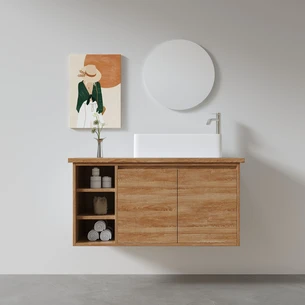 ארון אמבטיה תלוי רוחב 60, 80, 100 ס"מ בעומק 46 ס"מ לבחירתך עשוי מעץ מלא אלון מבוקע עם משטח עץ מלא להנחת כיור מונח דגם מקנס