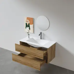 ארון אמבטיה תלוי לפי מידה רוחב ועומק לפי בחירתך עשוי מעץ מלא אלון מבוקע עם כיור משטח חרס שקוע דגם סלוניקי W