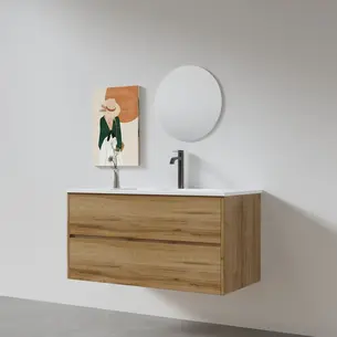 ארון אמבטיה תלוי לפי מידה רוחב ועומק לפי בחירתך עשוי מעץ מלא אלון מבוקע עם כיור משטח חרס שקוע דגם סלוניקי W