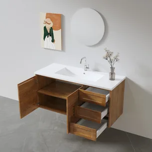 ארון אמבטיה תלוי רוחב 80, 100 ס"מ לבחירתך בעומק 46 ס"מ עשוי מעץ מלא אלון מבוקע עם כיור משטח חרס שקוע דגם נארה