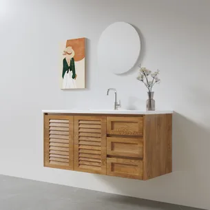 ארון אמבטיה תלוי רוחב 80, 100 ס"מ לבחירתך בעומק 46 ס"מ עשוי מעץ מלא אלון מבוקע עם כיור משטח חרס שקוע דגם נארה