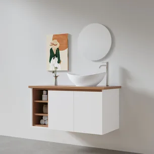 ארון אמבטיה תלוי רוחב 60 ס"מ בעומק 46 ס"מ צבע לבן מט עם משטח עץ מלא להנחת כיור מונח דגם B10025-60