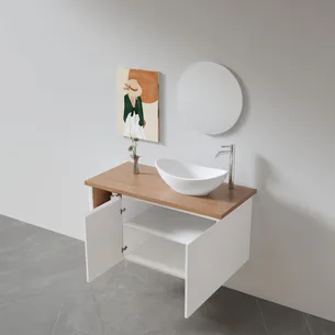 ארון אמבטיה תלוי לפי מידה רוחב עומק וצבע לפי בחירתך עם משטח עץ מלא להנחת כיור מונח דגם רימו