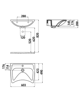 כיור רחצה לנכים תלוי רוחב 60 ס"מ עומק 49 צבע לבן מבריק דגם BD500187011