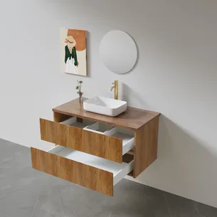 ארון אמבטיה תלוי רוחב 60, 80, 100 ס"מ לבחירתך בעומק 46 ס"מ עשוי מעץ מלא אלון מבוקע עם משטח עץ מלא להנחת כיור מונח דגם קדיז