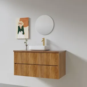 ארון אמבטיה תלוי רוחב 60, 80, 100 ס"מ לבחירתך בעומק 46 ס"מ עשוי מעץ מלא אלון מבוקע עם משטח עץ מלא להנחת כיור מונח דגם קדיז