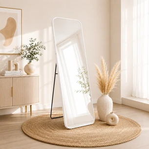 מראת גוף מלבנית עומדת עם סטנד עשוי ממסגרת אלומיניום אל חלד צבע לבן מט וניתן גם לתלות אותה רוחב 70 ס"מ גובה 180 ס"מ דגם LM-14W
