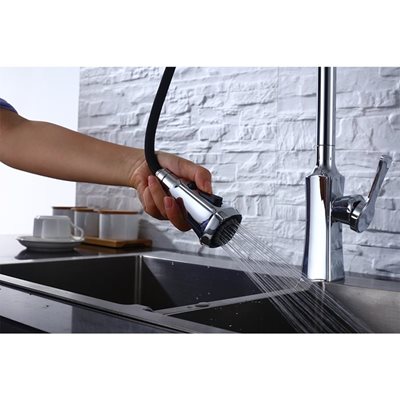 ברז מטבח מגיע עם פיה מסתובבת ונשלפת צבע ניקל מבריק דגם K528