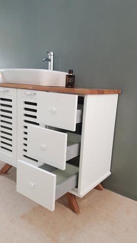 ארון אמבטיה עומד לפי מידה רוחב עומק וצבע לפי בחירתך עם משטח עץ מלא להנחת כיור מונח דגם רקפת