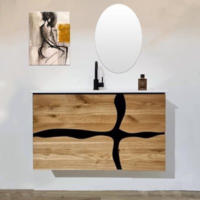 ארון אמבטיה תלוי לפי מידה רוחב עומק וצבע דופן לפי בחירתך עשוי מעץ מלא אלון מבוקע עם כיור משטח חרס שקוע דגם פראנקו