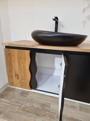 ארון אמבטיה תלוי לפי מידה רוחב עומק וצבע לפי בחירתך עם משטח עץ מלא להנחת כיור מונח דגם מיאמי