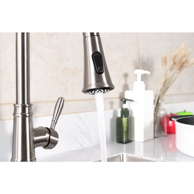 ברז מטבח מגיע עם פיה מסתובבת ונשלפת צבע ניקל מוברש דגם K121