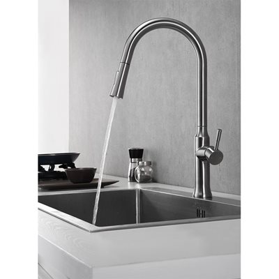 ברז מטבח מגיע עם פיה מסתובבת ונשלפת צבע ניקל מוברש דגם K134