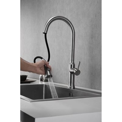 ברז מטבח מגיע עם פיה מסתובבת ונשלפת צבע ניקל מוברש דגם K134