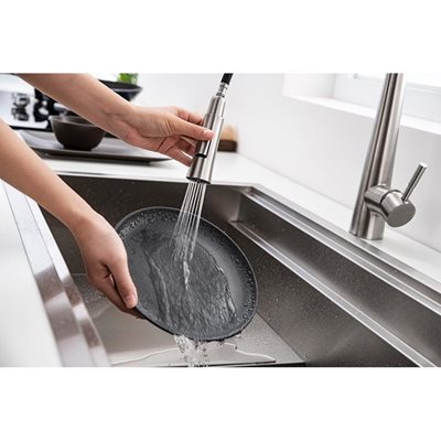 ברז מטבח מגיע עם פיה מסתובבת ונשלפת צבע ניקל מוברש דגם K149