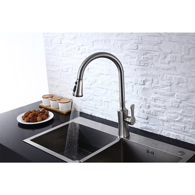 ברז מטבח מגיע עם פיה מסתובבת ונשלפת צבע ניקל מוברש דגם K528