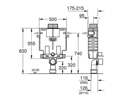 סט מיכל הדחה סמוי נמוך של GROHE מתאים לקירות בלוקים ו/או בטון + לחצן לבחירתכם דגם 38415001-1