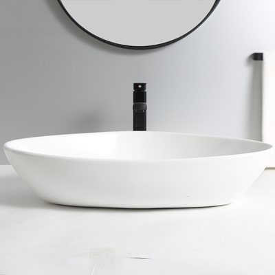 כיור רחצה מונח חרס אובלי משולש רוחב 59 ס"מ ועומק 39 ס"מ צבע לבן מבריק דגם לוון