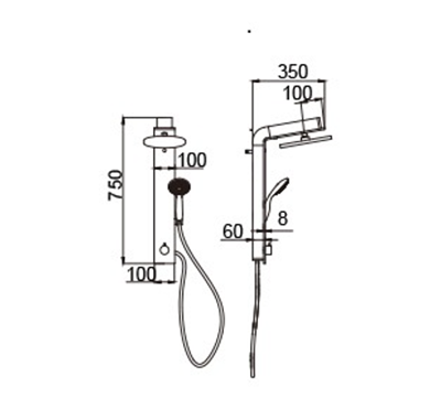 פנל פינוק למקלחת עשוי מזכוכית צבע כסוף עם ראש ומזלף עגול מפלסטיק דגם SAFFI כסוף