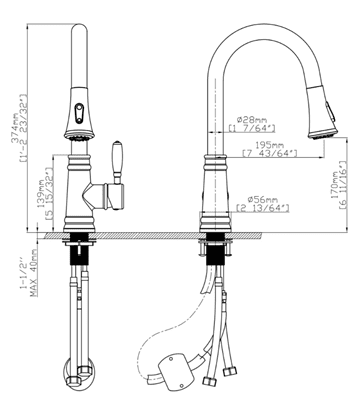 ברז מטבח מגיע עם פיה מסתובבת ונשלפת צבע ניקל מוברש דגם K121