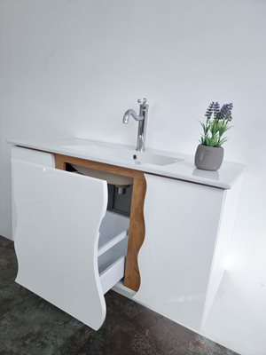 ארון אמבטיה תלוי לפי מידה רוחב עומק וצבע לפי בחירתך עם כיור משטח חרס שקוע דגם ברגאמו