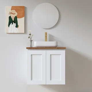 ארון אמבטיה תלוי רוחב 60 ס"מ בעומק 46 ס"מ צבע לבן או שחור מט לבחירתך עם משטח עץ מלא להנחת כיור מונח דגם סקיין