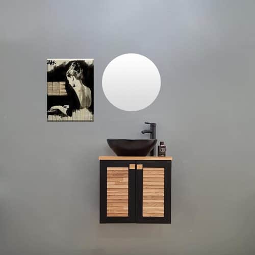 ארון אמבטיה תלוי לפי מידה רוחב עומק וצבע לפי בחירתך עם משטח עץ מלא להנחת כיור מונח דגם זארה W