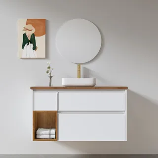 ארון אמבטיה תלוי לפי מידה רוחב עומק וצבע לפי בחירתך עם משטח עץ מלא להנחת כיור מונח דגם פריבורג W