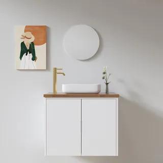 ארון אמבטיה תלוי רוחב 47 ס"מ בעומק 24 ס"מ צבע לבן או שחור מט לבחירתך עם משטח עץ מלא להנחת כיור מונח דגם R48-47