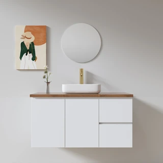 ארון אמבטיה תלוי לפי מידה רוחב עומק וצבע לפי בחירתך עם משטח עץ מלא להנחת כיור מונח דגם פולמא W