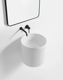 כיור רחצה מעוגל מחורץ תלוי קוטר 40 ס"מ צבע לבן מט בלי חור לברז דגם טאסוס