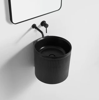 כיור רחצה מעוגל מחורץ תלוי קוטר 40 ס"מ צבע שחור מט בלי חור לברז דגם קיתירה