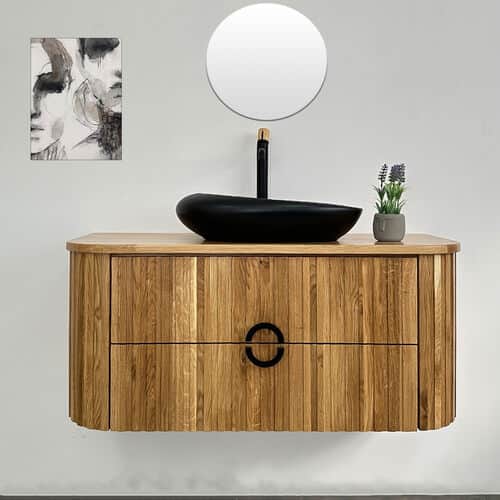 ארון אמבטיה תלוי רוחב 120 ס"מ בעומק 46 ס"מ עשוי מעץ מלא אלון מבוקע עם משטח להנחת כיור מונח דגם בורגוז 120