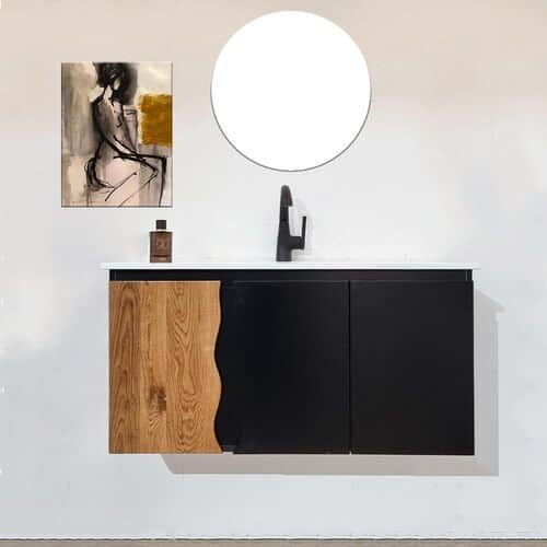 ארון אמבטיה תלוי רוחב 100 ס"מ בעומק 46 ס"מ צבע שחור מט עם כיור משטח חרס שקוע דגם מילאנו 100