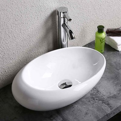 כיור רחצה מונח חרס אובלי רוחב 59 ס"מ ועומק 35 ס"מ צבע לבן מבריק דגם אסטי