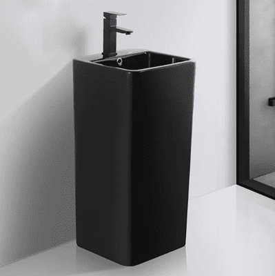 כיור רחצה חרס עומד מרובע רצפתי רוחב 41 ס"מ ועומק 40 ס"מ גובה 84 ס"מ שחור מט עם חור לברז דגם סנט