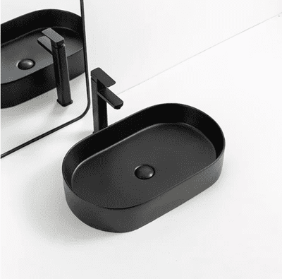 כיור רחצה מונח חרס אובלי רוחב 50 ס"מ ועומק 37 ס"מ צבע שחור מט דגם פלנדה